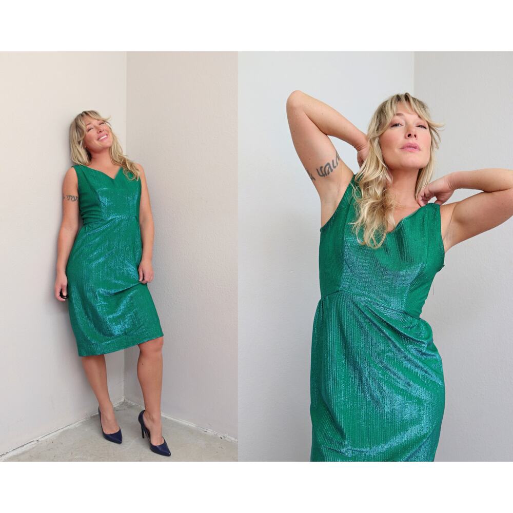 1960's Vintage Iridescent Marine Green Cocktail Dress Womens SM MD 28" 30" Waist